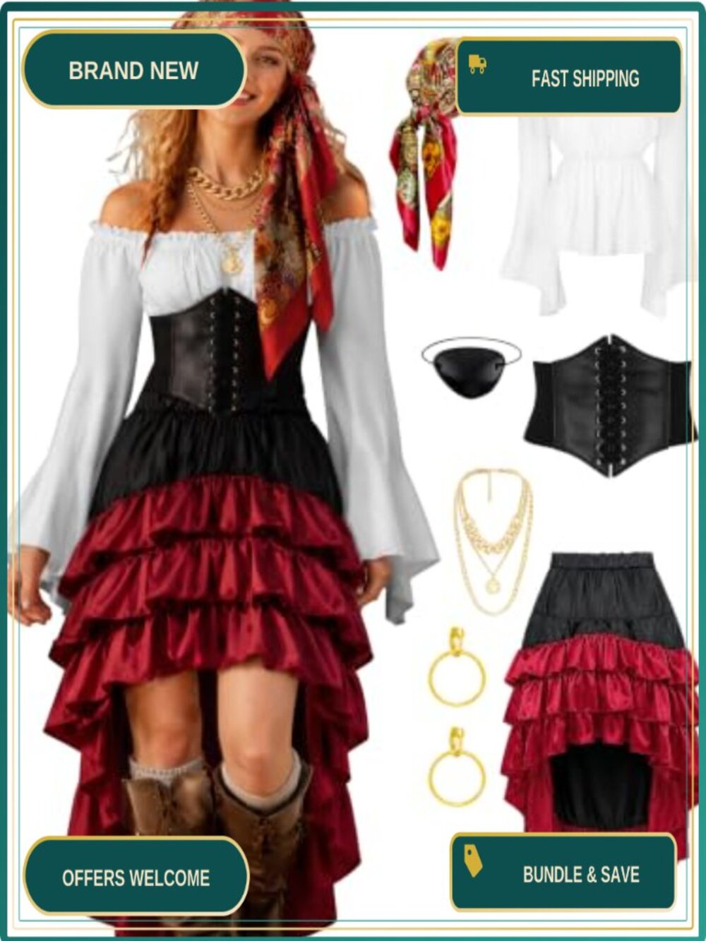 Pirate Costume Women Renaissance Halloween Cosplay Faux Leather Corset